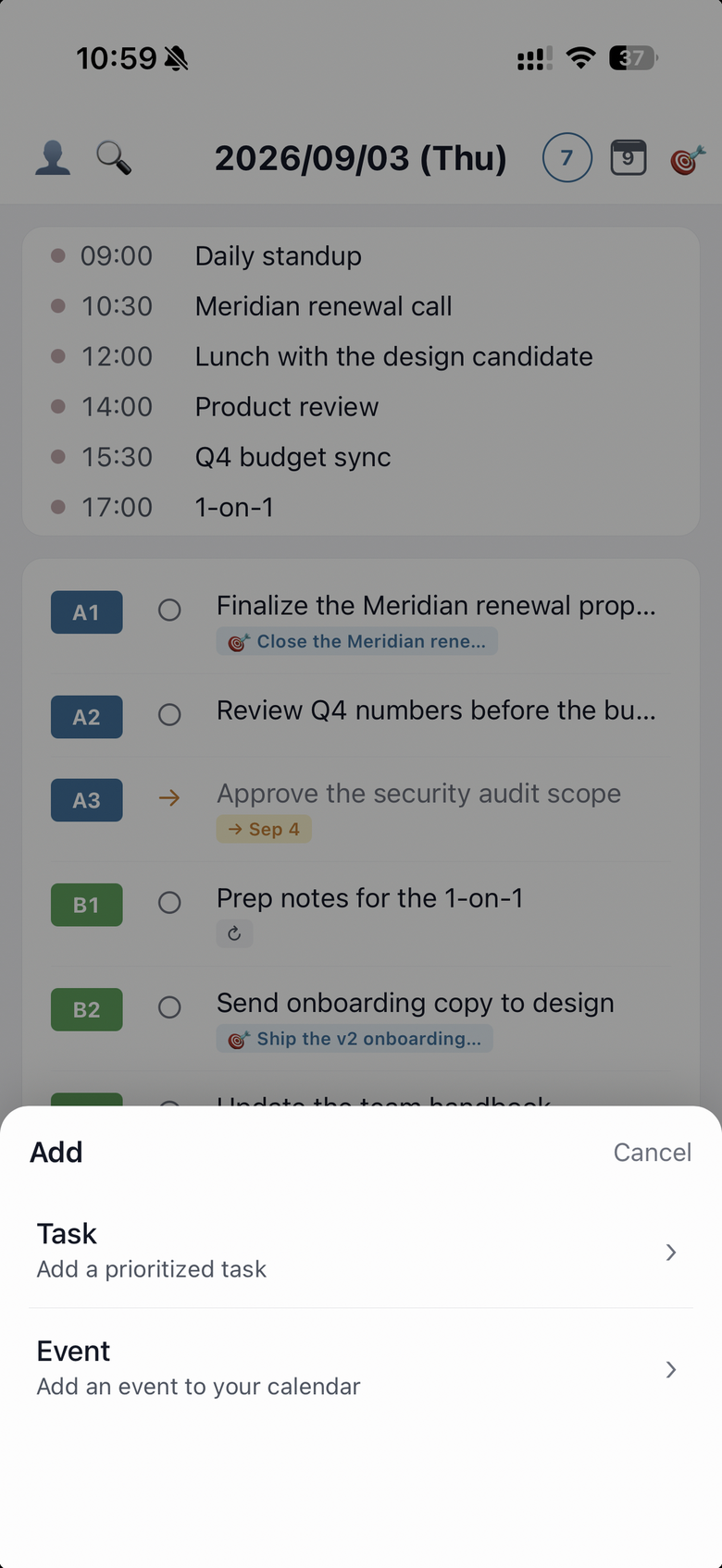 The Add sheet that appears when you tap the + button, offering Task and Event