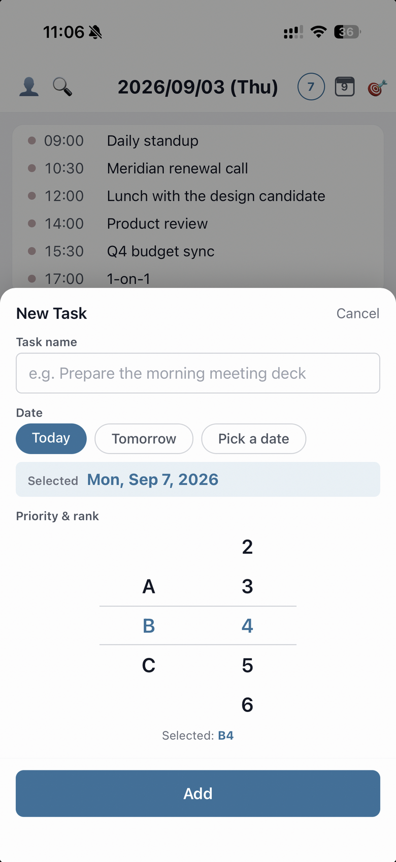 The new task form, with fields for the task name, date and priority
