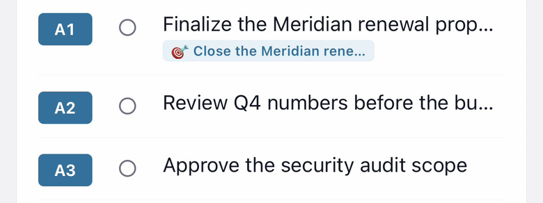 Tasks in the Daily view, each row starting with a priority badge — A1, A2, A3