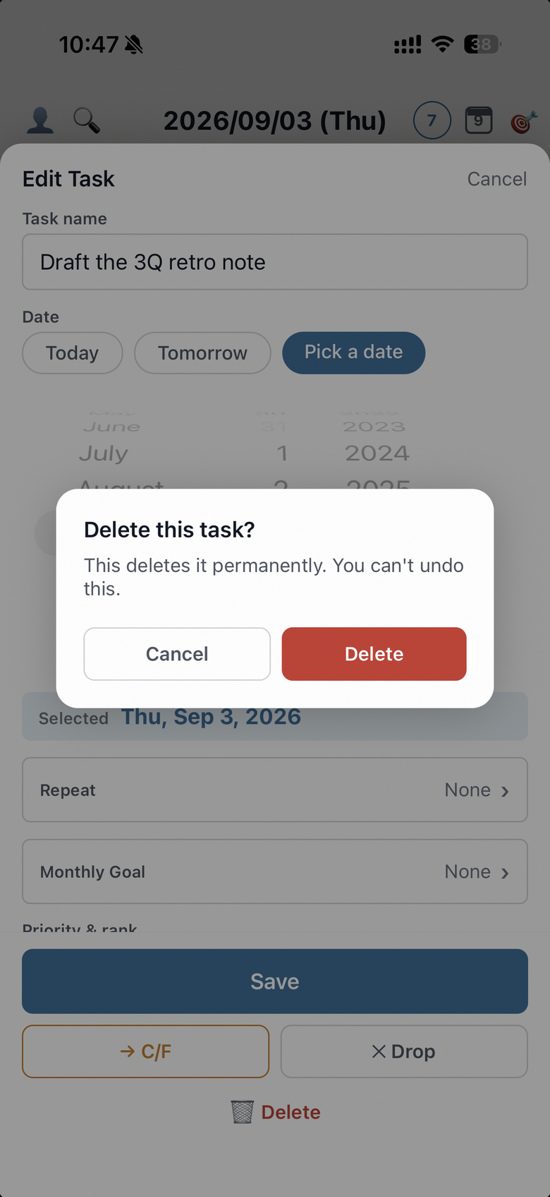 The delete confirmation dialog: "This deletes it permanently. You can't undo this."