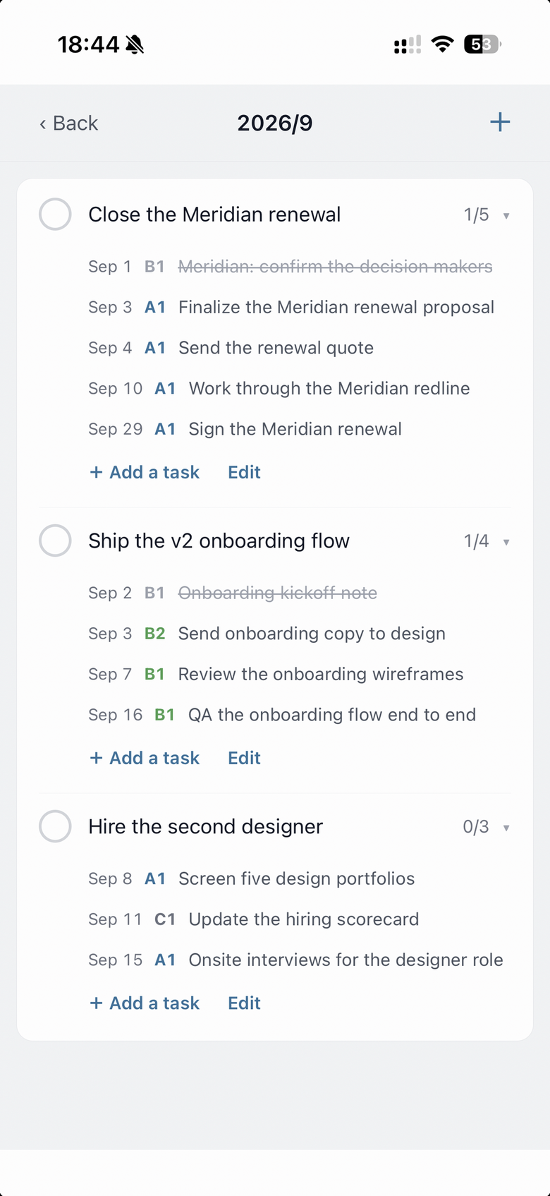 The Monthly Goals page: each goal shows its progress and the tasks linked to it