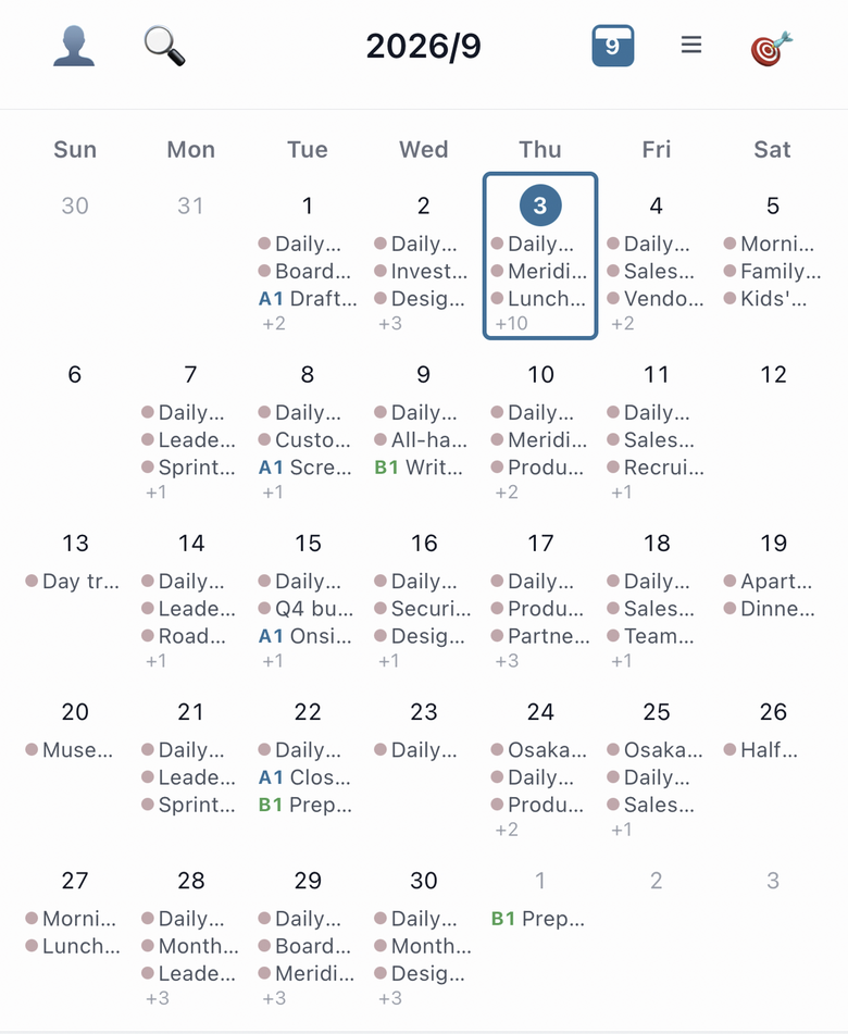 The month view grid: each cell lists that day's events and tasks, overflow is summed up as +N, and the selected day is outlined