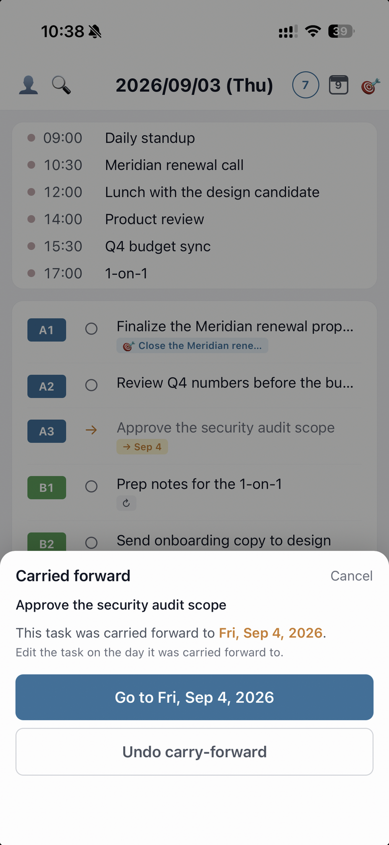 The sheet for a carried-forward task, with the Undo carry-forward button