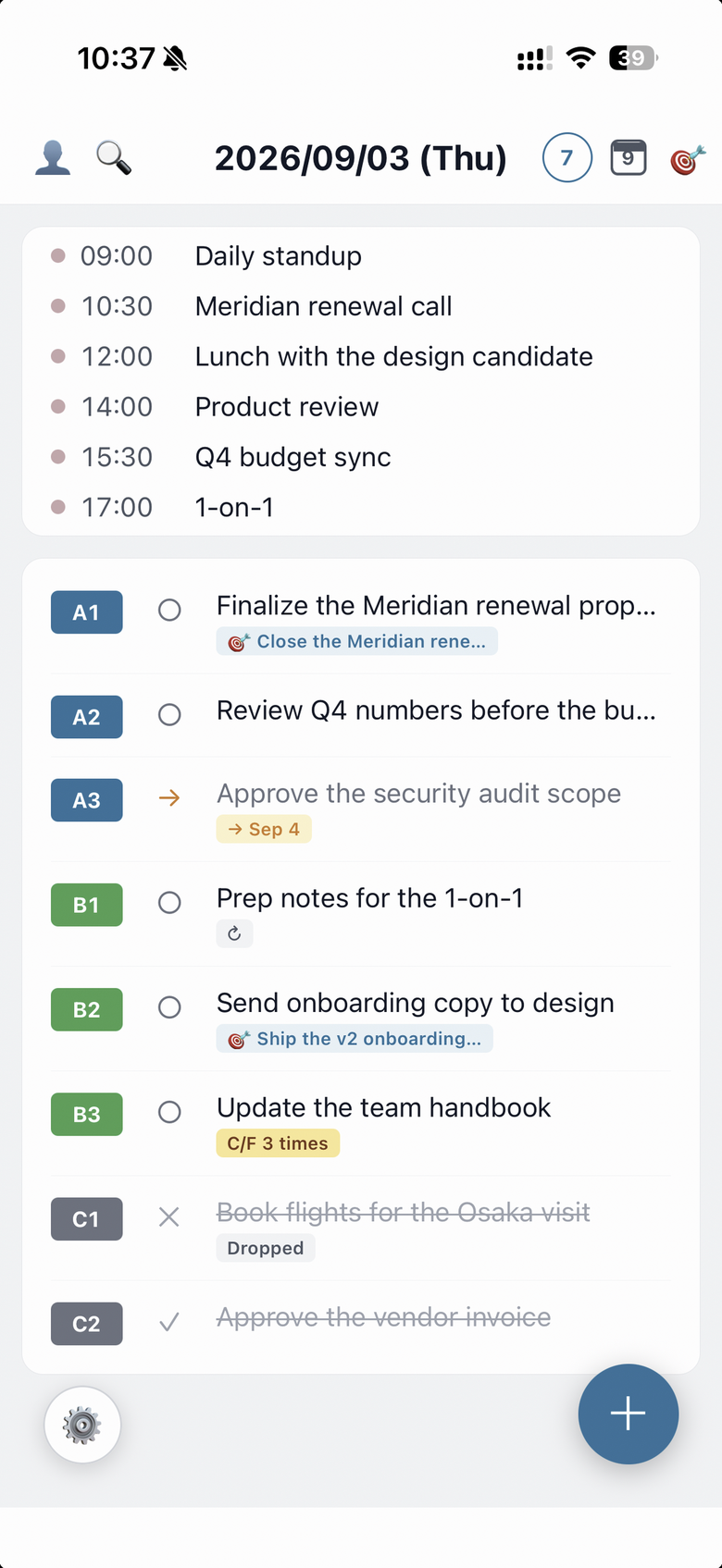 The original day after a carry-forward: the task is greyed out and shows → Sep 4