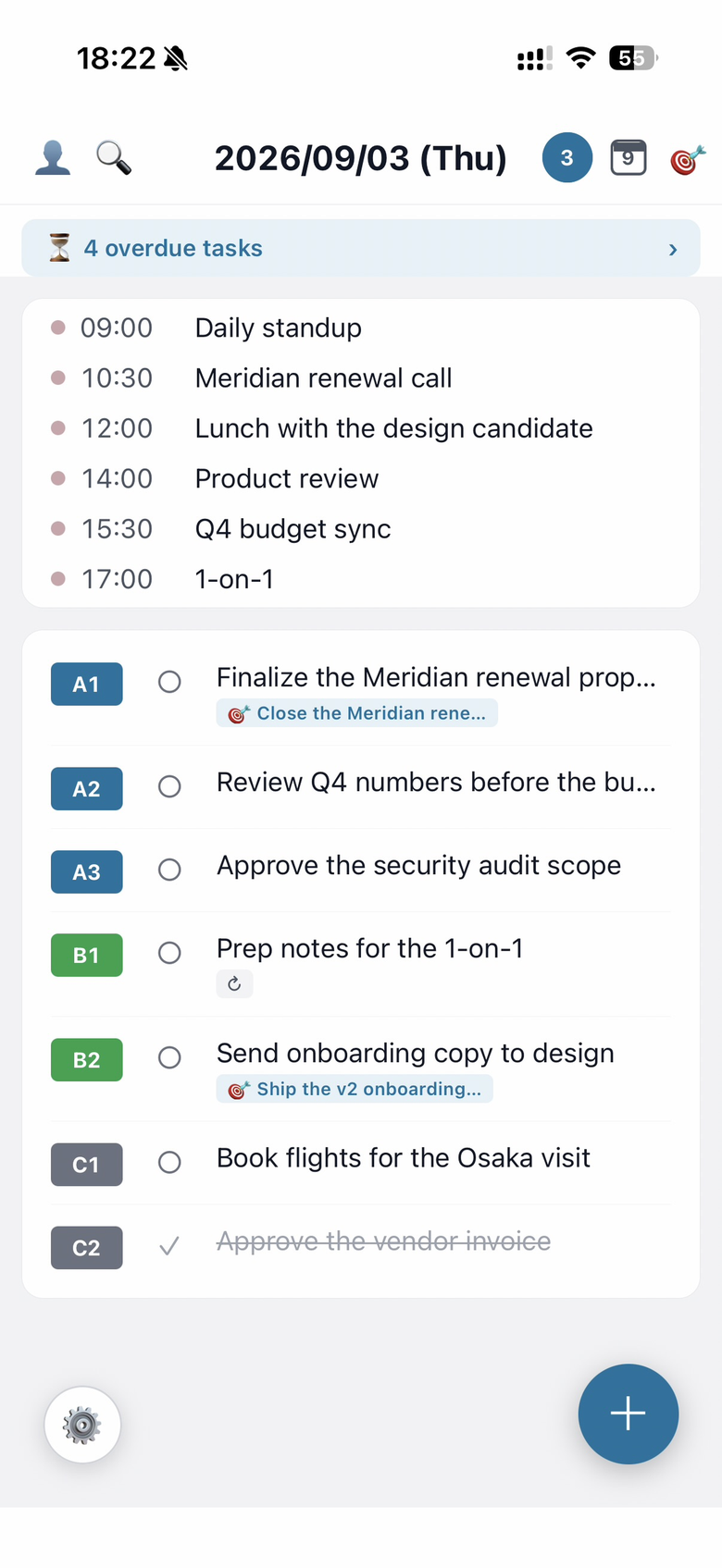 Task rows in the Daily view, each starting with a colour-coded priority badge such as A1 or B2