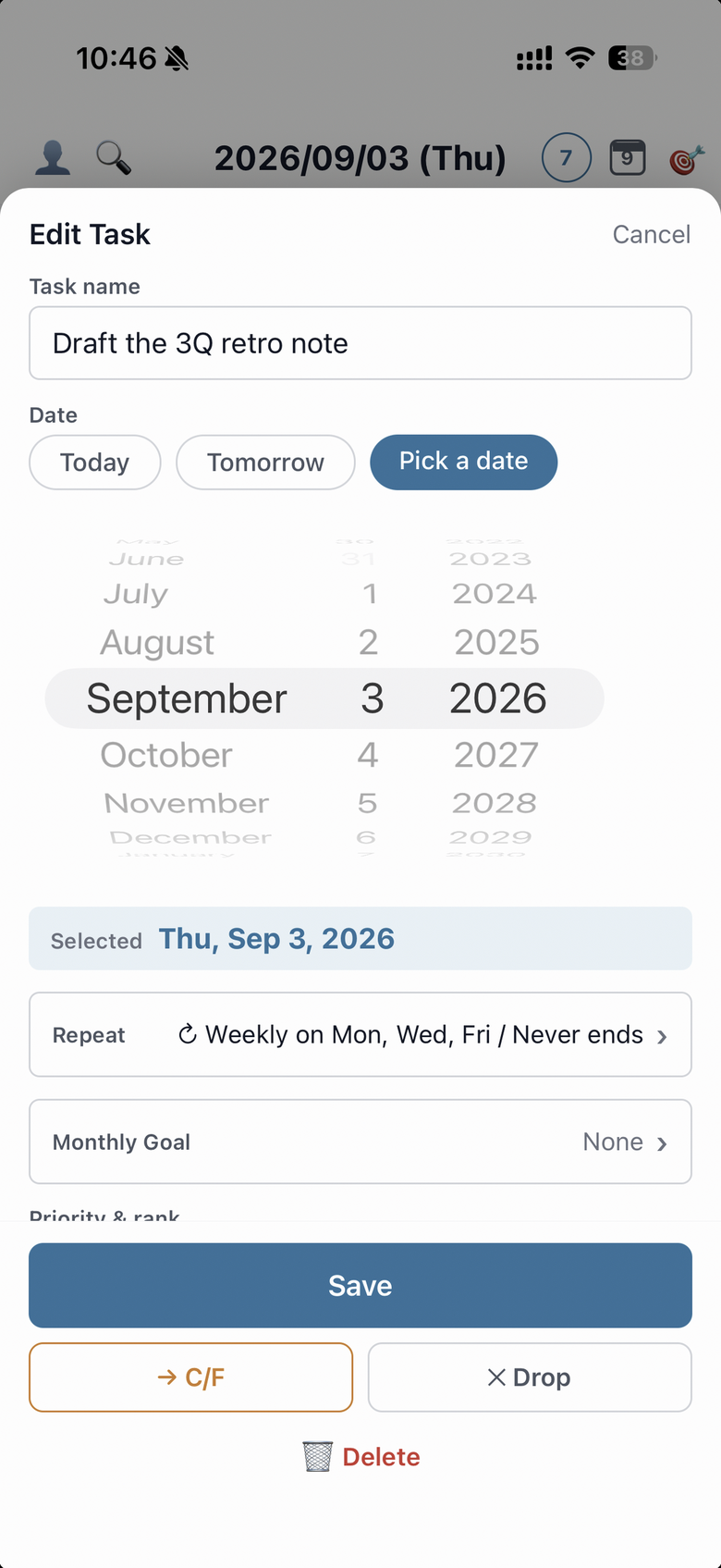 The Repeat row in the task edit screen — tapping it opens the repeat sheet