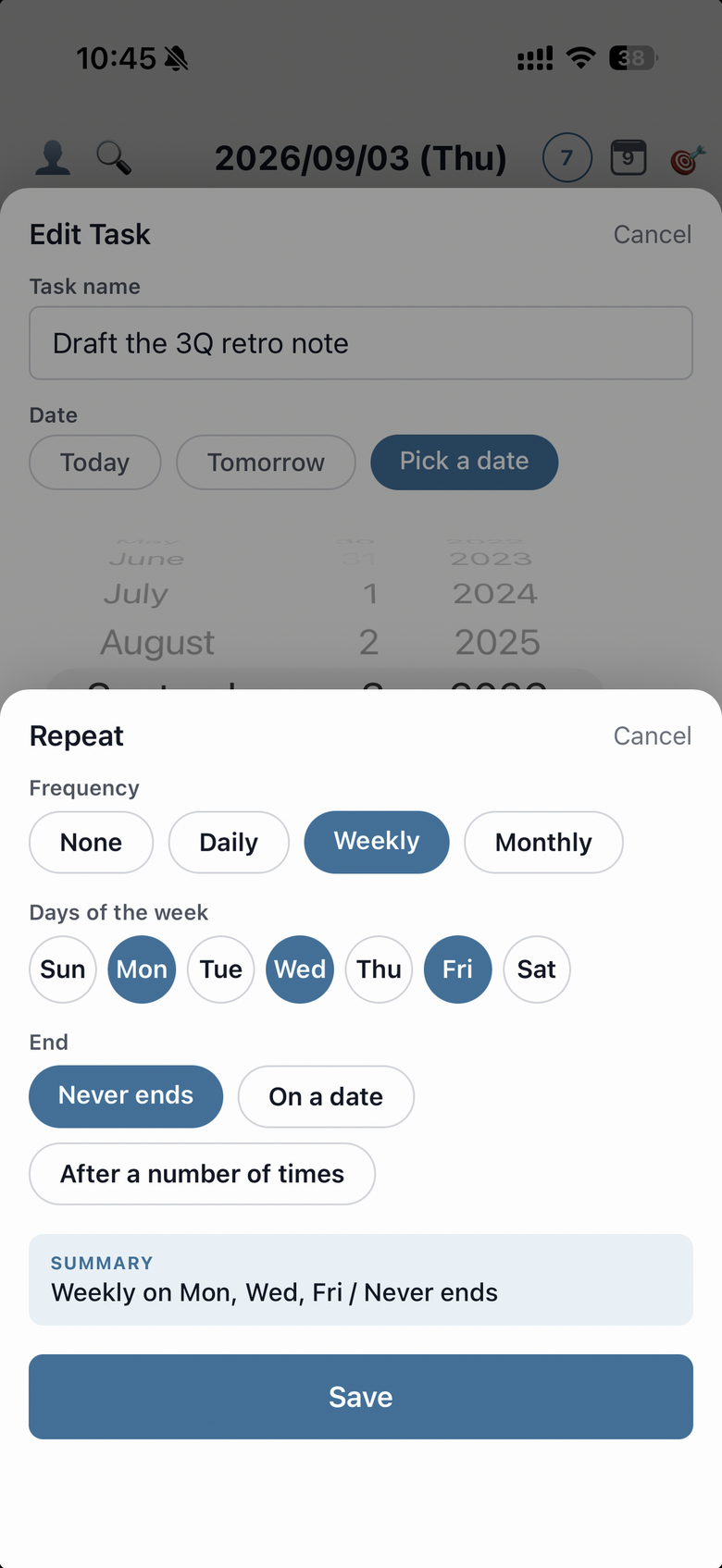 The repeat sheet: frequency pills, the days of the week for Weekly, the end condition, and a summary of the current setting