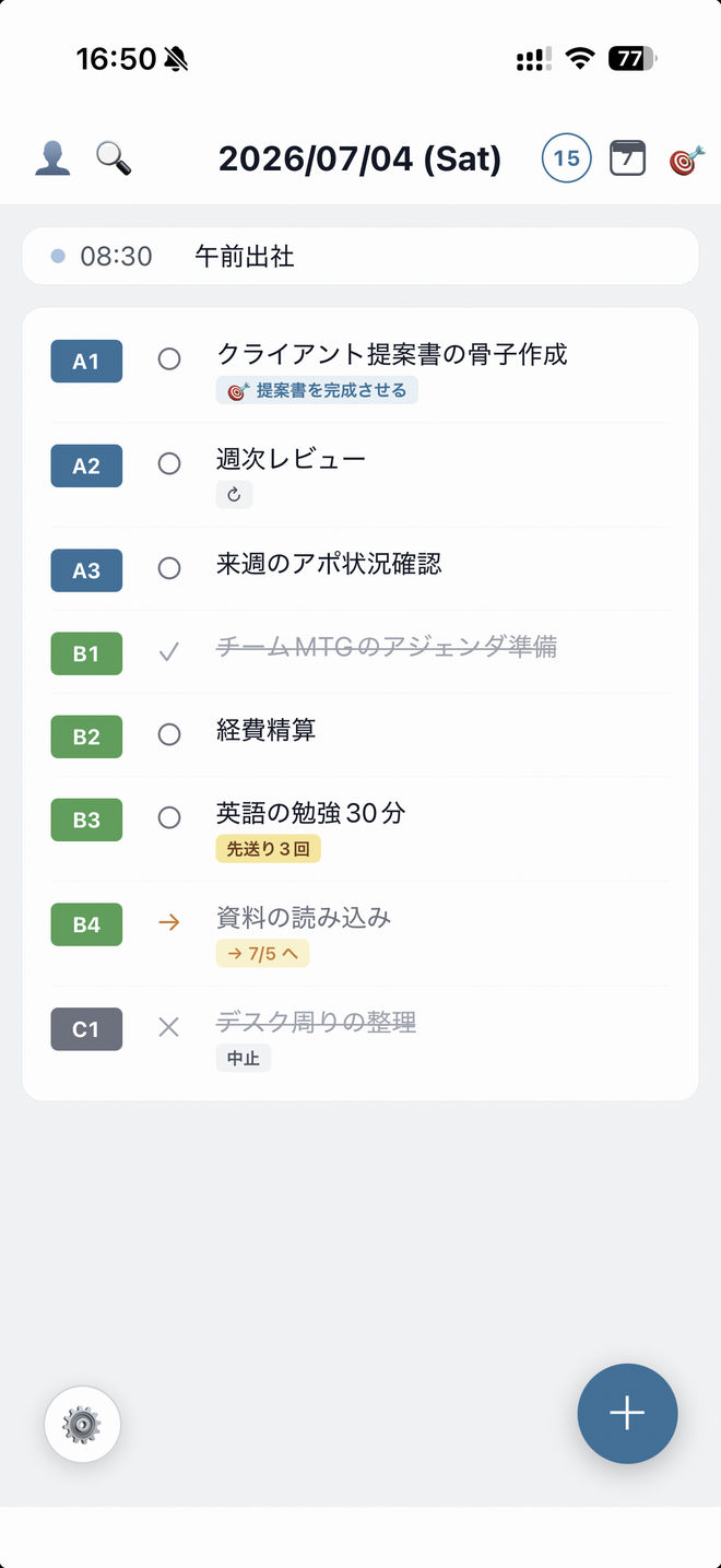 日次ビュー — 今日のタスク一覧